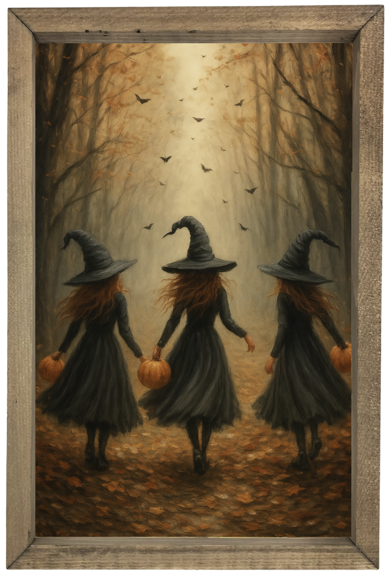 Three Witches with pumpkins in Forest