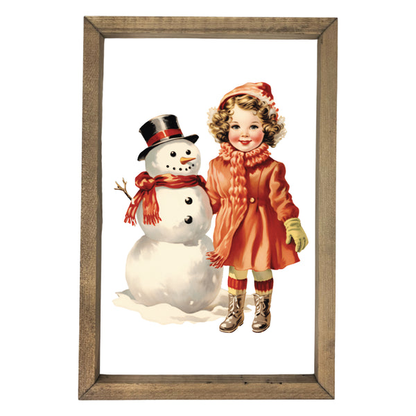 Vintage Girl With Snowman <br>Framed Art